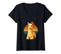 Mujer Pájaro de Alpaca Retro al Atardecer, Lindos Amigos de Animales Camiseta Cuello V