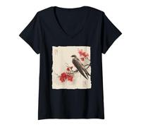 Mujer Pájaro de golondrina japonesa en rama de flores Vintage Birding Art Camiseta Cuello V