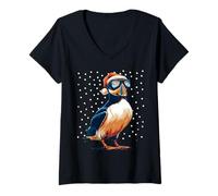 Mujer Pájaro de Navidad Frailecillo en Gafas de esquí Santa Esquiador Snowboarder Camiseta Cuello V