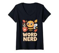 Mujer Palabra Nerd Ortografía Abeja Maestro Estudiante Camiseta Cuello V