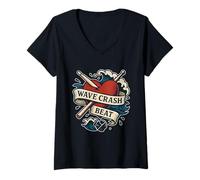 Mujer Palitos de corazón Wave Crash Beat Camiseta Cuello V