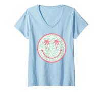 Mujer Palmera Ojos Sonrisa Cara Colorido Leopardo Patrón Playa Camiseta Cuello V
