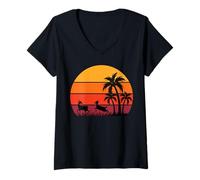 Mujer Palmeras Gacelas Safari Sabana Puesta de Sol África Recuerdo Camiseta Cuello V