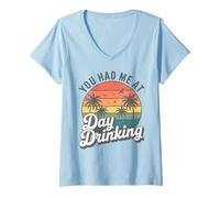 Mujer Palmeras Retro al Atardecer You Had Me At Day Drinking Funny Camiseta Cuello V