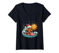 Mujer Pan de Jengibre Surf Navidad Pan de Jengibre Playa Tabla de Surf Camiseta Cuello V