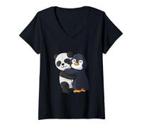Mujer Panda con pingüino ama Dulces simpáticos Animales Camiseta Cuello V
