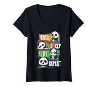 Mujer Panda Gamer Gaming Eat Sleep Play Repeat para niños, niñas y niños Camiseta Cuello V