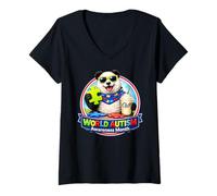 Mujer Panda Milkshake & Puzzle Piece Mes Mundial de Concientización sobre el Autismo Camiseta Cuello V