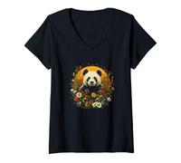 Mujer Panda rodeado de flores silvestres bajo el sol Camiseta Cuello V