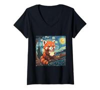 Mujer Panda Rojo Esponjoso sosteniendo Taza de té Van Gogh Starry Night Art Camiseta Cuello V