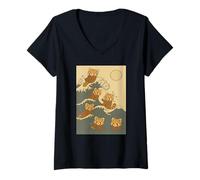 Mujer Panda Rojo Gran Ola Kawaii Anime Mascota Panda Rojo Arte Japonés Camiseta Cuello V