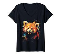 Mujer Panda Roux - Animal Lindo Estilo Acuarela Splash Art Camiseta Cuello V