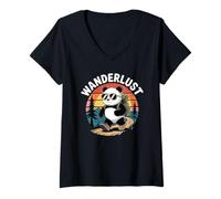 Mujer Panda Wanderlust Retro Hiking Forest Trail Camiseta Cuello V