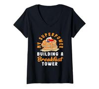 Mujer Panqueques Mi Superpoder Construyendo Una Torre De Desayuno Camiseta Cuello V