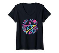 Mujer Pansexual Pentagram Wiccan Pagan Pan Pride Flag Boho Camiseta Cuello V