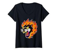 Mujer Pantera Cabeza en Fuego Pantera Negra Tradicional Tatuaje Flash Camiseta Cuello V