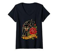 Mujer Panther Rose Traditional Tattoo Flash Stay True Old School Camiseta Cuello V