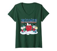Mujer Panuts Xmas Snoopy Charlie Sally Lucy Holiday Dog House Diversión Camiseta Cuello V