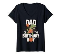Mujer Papá del cumpleaños niño T-Rex Dino Baloncesto cumpleaños Camiseta Cuello V
