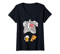 Mujer Papá Esqueleto Halloween Cerveza Pizza Divertido Embarazo Pareja Camiseta Cuello V