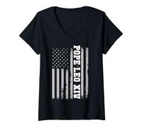 Mujer Papa León XIV 14th First American Pope USA Flag Vintage Camiseta Cuello V