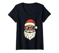 Mujer Papá Noel Cool con Gafas Retro Santa Head Christmas Camiseta Cuello V