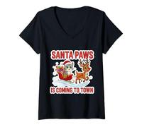 Mujer Papá Noel Paws está llegando a la Ciudad Navidad dueño de Gato Gris Navidad Camiseta Cuello V