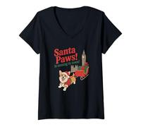 Mujer Papá Noel Paws llegando a la Ciudad Navidad Corgi Trineo Camiseta Cuello V