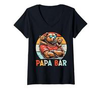 Mujer Papá Oso Papá Bear Día del Padre Hijo Hija 2 Niños Retro Camiseta Cuello V