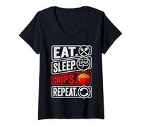 Mujer Papas fritas - Comer chips para dormir repetir Camiseta Cuello V