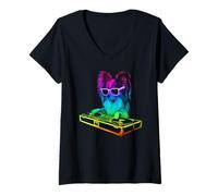 Mujer Papillon Dog DJ Music Party Dog Amante de los Perros Camiseta Cuello V