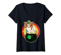 Mujer Papillon Dog Leprechaun Lucky Charn Shamrock Patricks Day Camiseta Cuello V