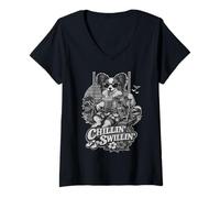 Mujer Papillon Perro Bebiendo café Helado en un Columpio b&w DIGOR Camiseta Cuello V