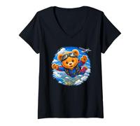 Mujer Paracaidismo Lindo Oso De Peluche Valiente Aventura Formas Camiseta Cuello V