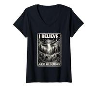 Mujer Paranormal Cristiano Gráfico Extraterrestre Engaño Bíblico OVNI Camiseta Cuello V