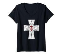 Mujer Parca Con Fondo Cruz Roja Cara Desgastada Grunge Camiseta Cuello V