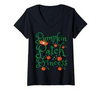Mujer Parche de Calabaza, Temporada de Princesa, Halloween, Cosecha, Divertido Camiseta Cuello V