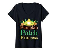 Mujer Parche de Calabaza, Temporada de Princesa, Halloween, Cosecha, Divertido Camiseta Cuello V