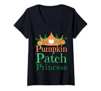 Mujer Parche de Calabaza, Temporada de Princesa, Halloween, Cosecha, Divertido Camiseta Cuello V