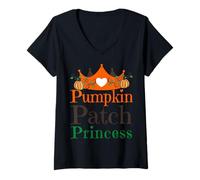 Mujer Parche de Calabaza, Temporada de Princesa, Halloween, Cosecha, Divertido Camiseta Cuello V
