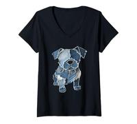 Mujer Parche de mezclilla divertido retro con estampado de perro Camiseta Cuello V