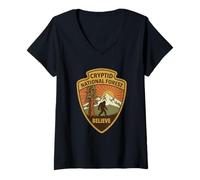 Mujer Parche de Parque Cryptid Forest Believe Retro Sasquatch Bigfoot Camiseta Cuello V