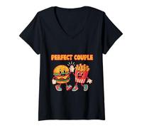 Mujer Pareja Amigos De Hamburguesa Y Papas Fritas Camiseta Cuello V