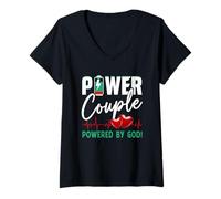 Mujer Pareja Poderosa Poderada por Dios Parejas Cristianas Día Camiseta Cuello V