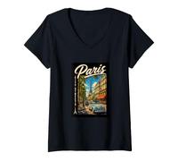 Mujer Paris City Streets Eiffel Tower Classic Car Travel Graphic Camiseta Cuello V