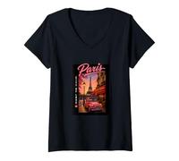 Mujer Paris City Streets Eiffel Tower Classic Car Travel Graphic Camiseta Cuello V
