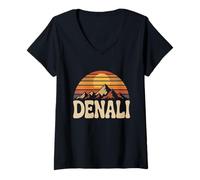 Mujer Parque Nacional Denali Retro Atardecer Vintage 70s Alaska Camiseta Cuello V