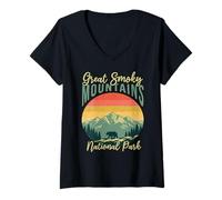 Mujer Parque Nacional Retro Bear Great Smoky Mountain Camiseta Cuello V