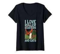 Mujer Parque temático I Love Roller Coasters and Cats Cat Lover Camiseta Cuello V