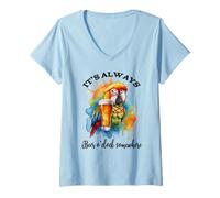Mujer Parrot Drinking Its Beer OClock Somewhere Always 5 O'Clock Camiseta Cuello V